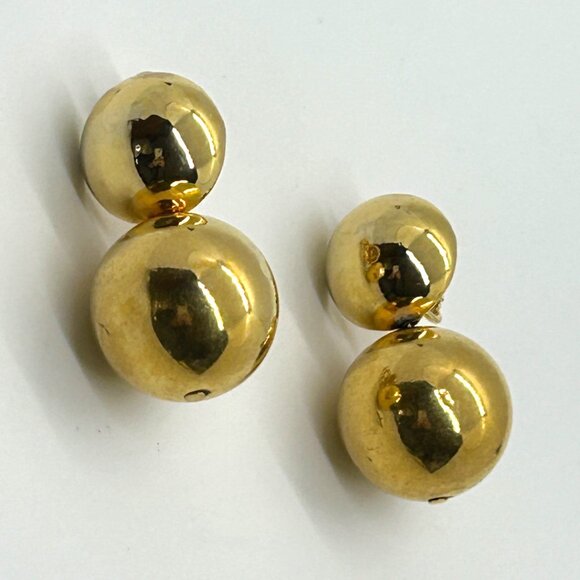 Vintage Gold-tone Double Ball Earrings Screw Back Statement 1960 Mod Design MCM - Picture 2 of 13